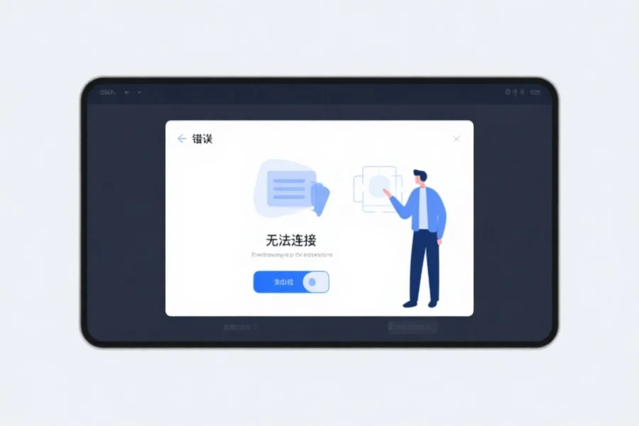 简洁明了的错误提示界面，屏幕中央显示“无法连接”，旁边有人物形象正在排查问题